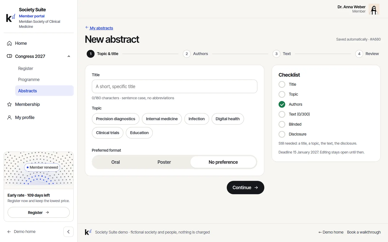 Abstract editor with checklist and word counter