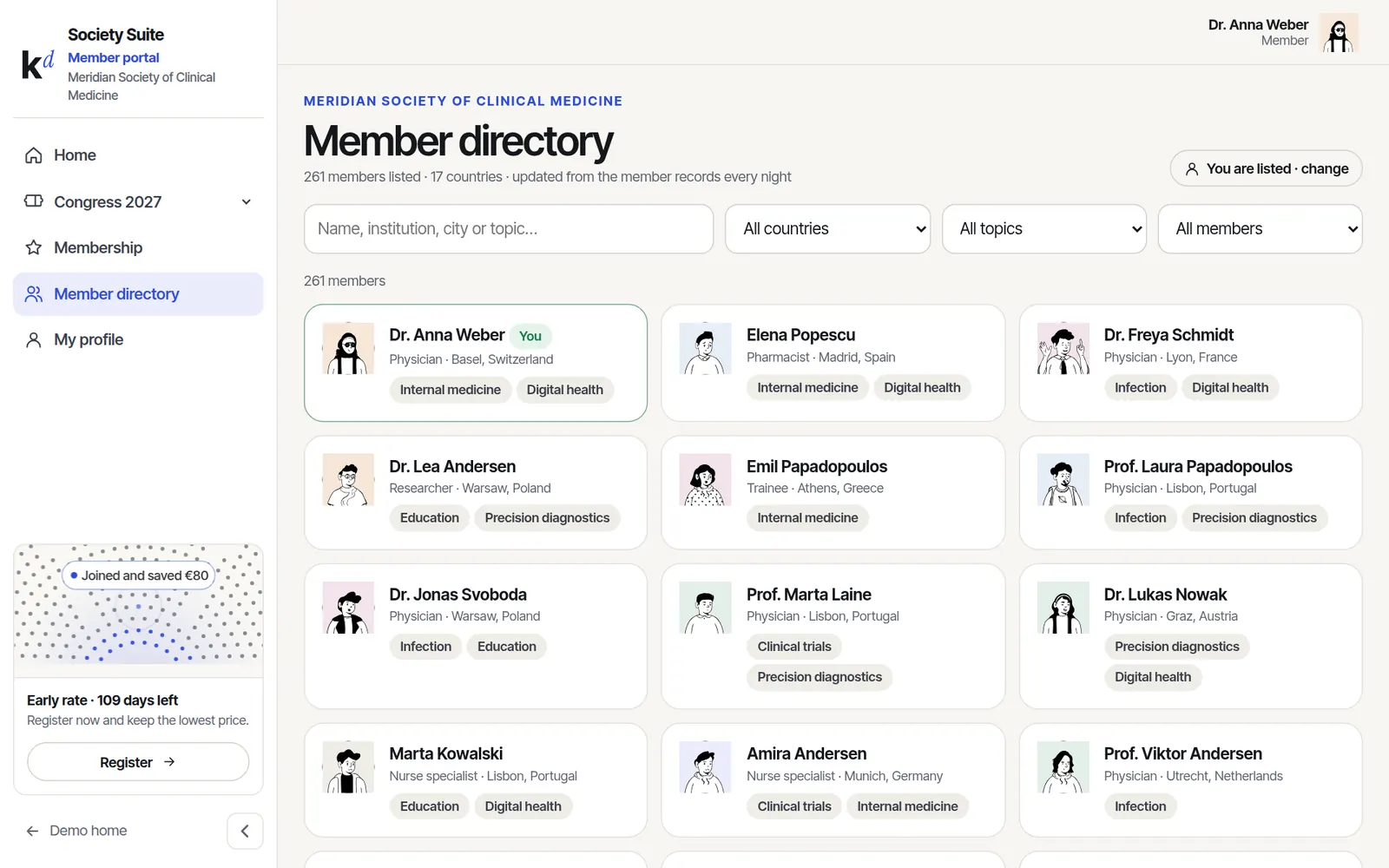 Member directory with search and filters