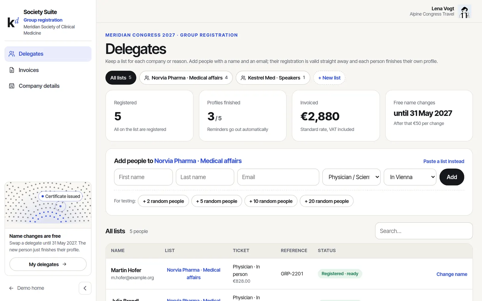 Group registration delegate list