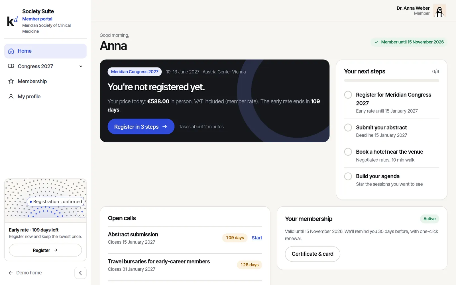 Member portal home with congress status and next steps