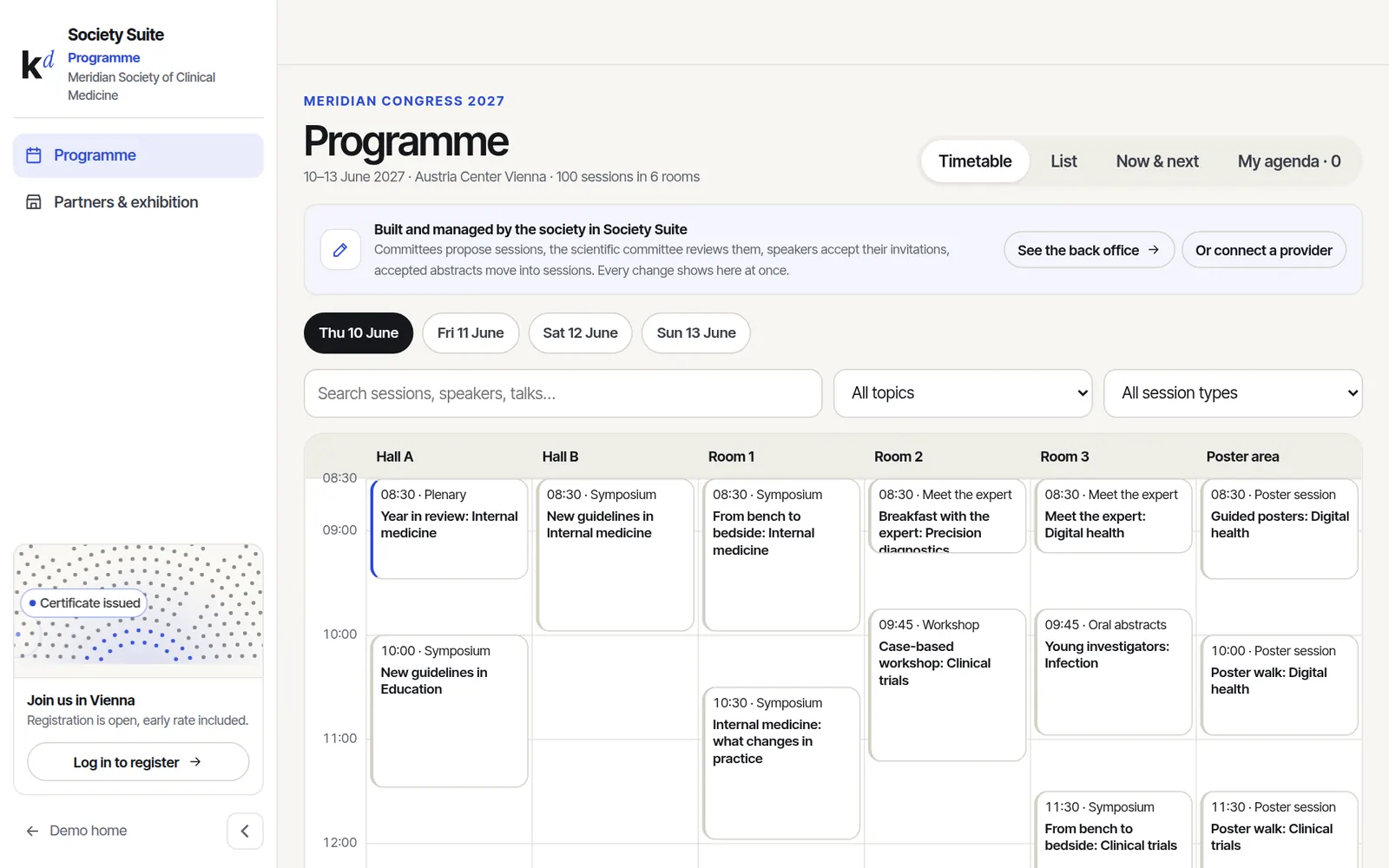 Programme timetable by room with filters