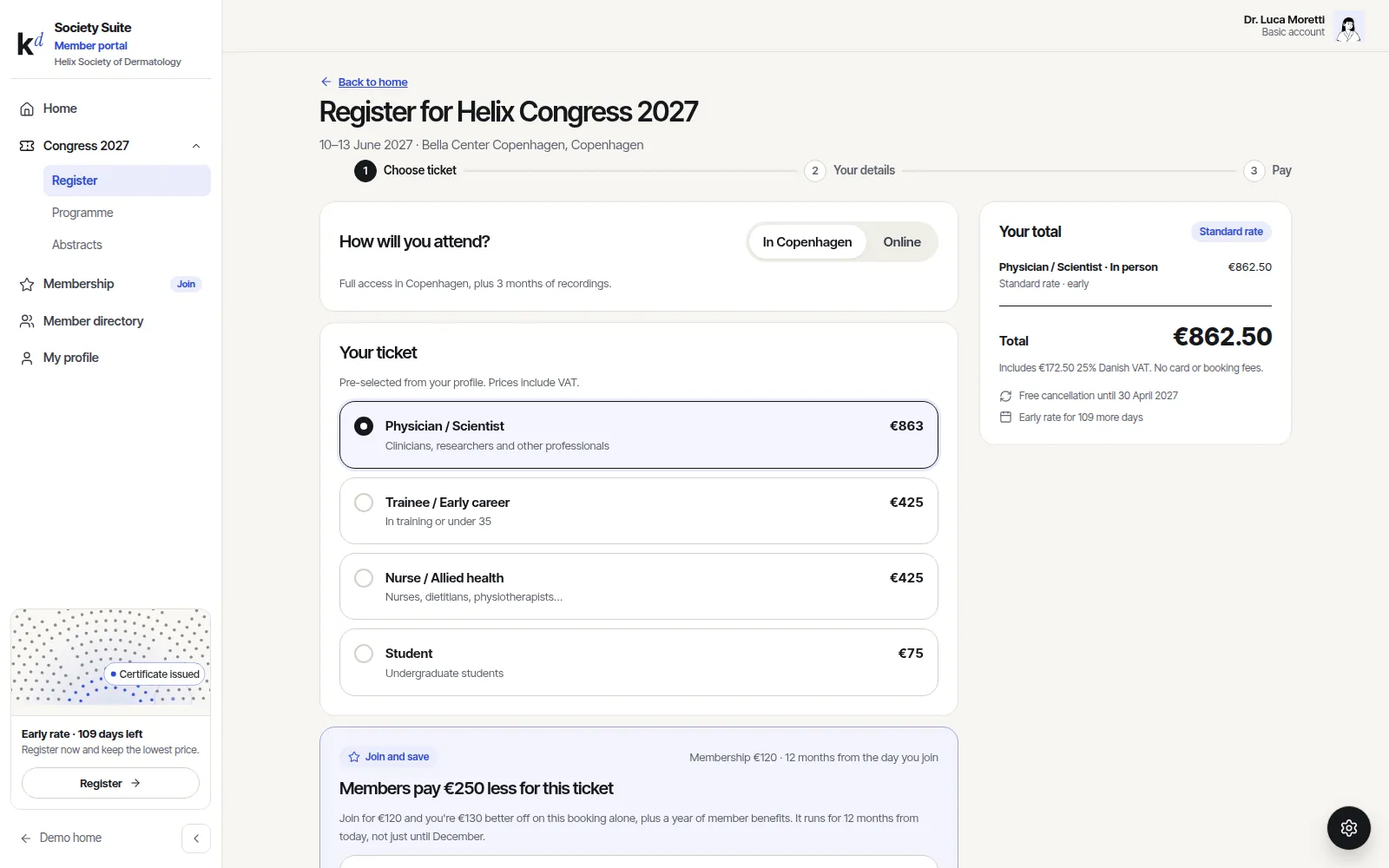 Congress registration step 1 with tickets, all-in price and join-and-save offer